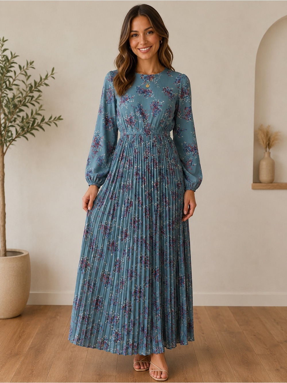 Pleated Floral Maxi Dress in Teal Blue